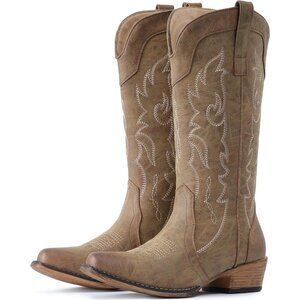 🆕Women Brown Mid Calf Fashion Cowgirl Boots with Embroidery Western Snip Toe